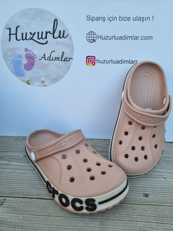 Nude Çift Renk Yandan Yazılı Crocs Unisex Terlik