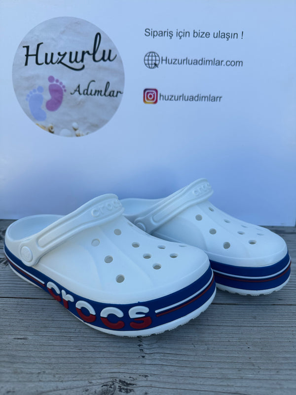 Beyaz Lacivert Çift Renk Yandan Yazılı Crocs Unisex Terlik