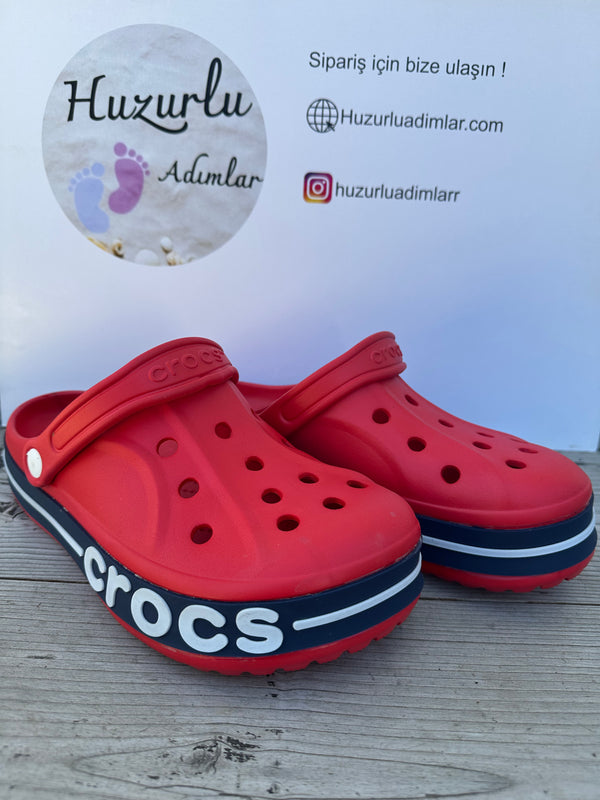 Kırmızı Çift Renk Yandan Yazılı Crocs Unisex Terlik
