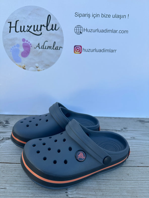 Gri Turuncu Arkası Yazılı Crocs Terlik Unisex Çocuk